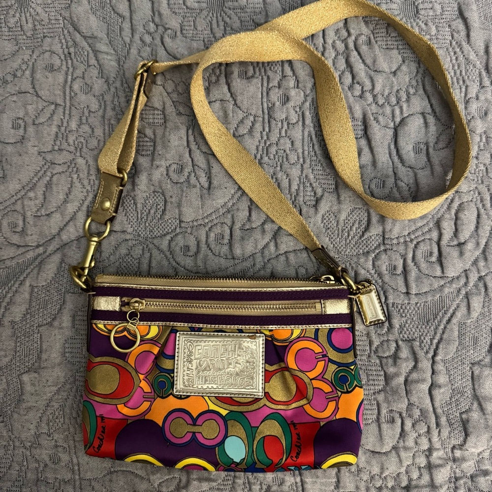 Rare Coach Poppy Crossbody Satin Bag Gold Multicolor Spring Summer handbag - Picture 3 of 9